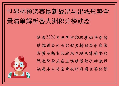 世界杯预选赛最新战况与出线形势全景清单解析各大洲积分榜动态 世界杯预选赛最新战况与出线形势全景清单解析各大洲积分榜动态